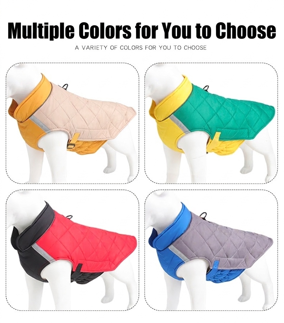 Cappotto caldo trapuntato per cani con profili riflettenti e vestibilità regolabile.