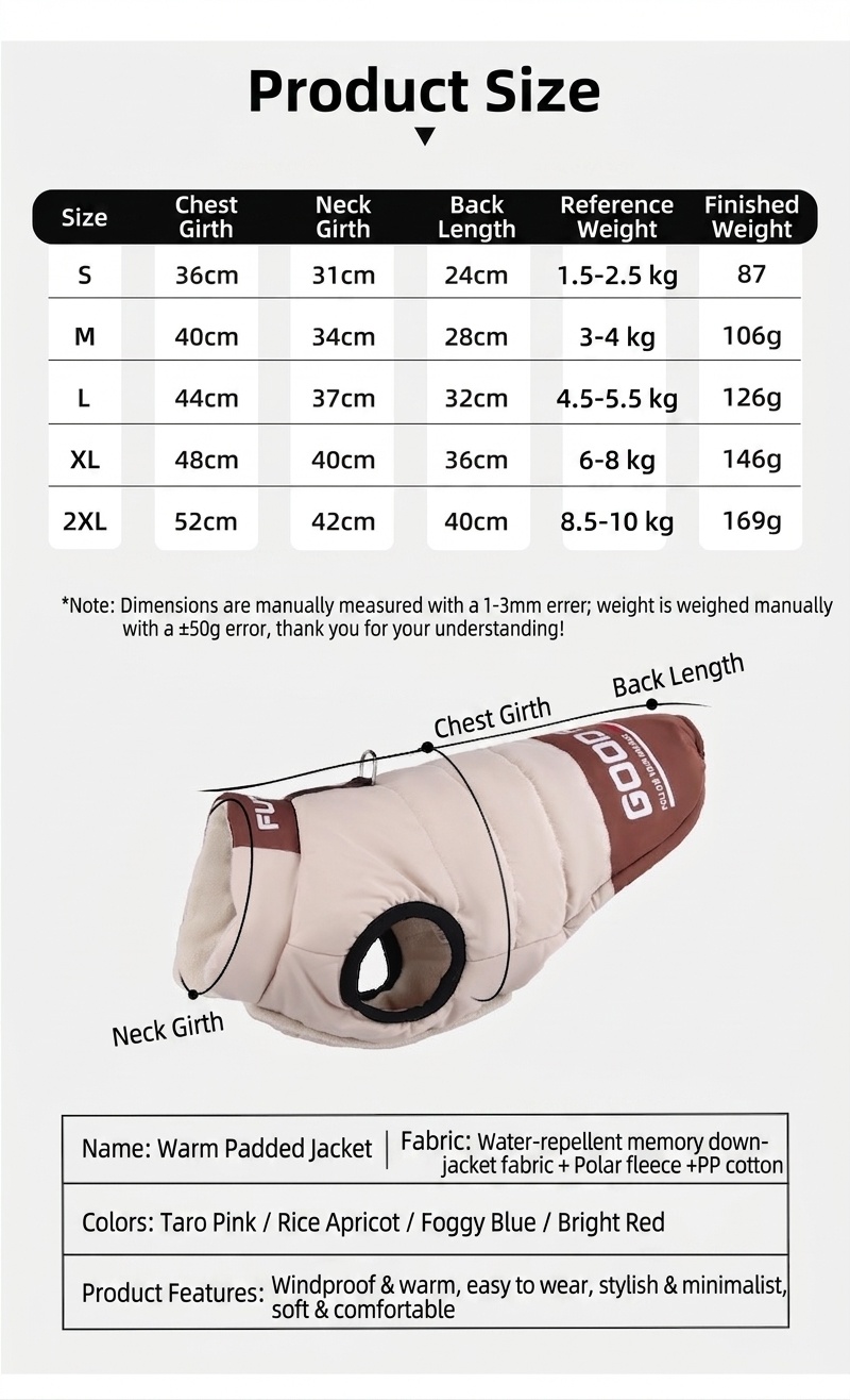 Warm Winter Pet Puffer Vest Coat with D-Ring & Reflective Text