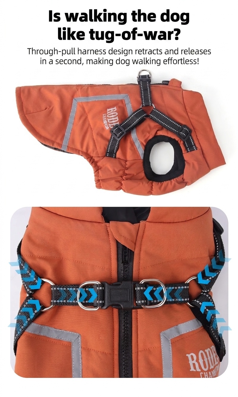 Warm Winter Dog Coat with Built-in Harness & Reflective Trim