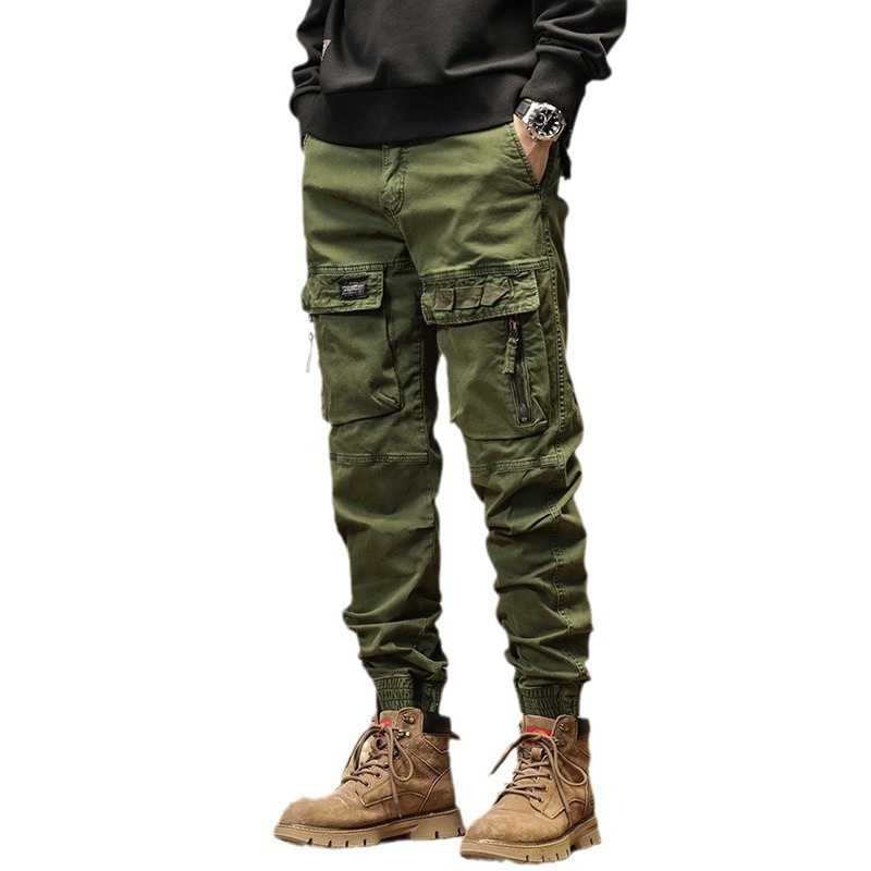 Vintage-Inspired Multi-Pocket Elastic Cuffed Men's Cargo Pants for Casual Sports Wear