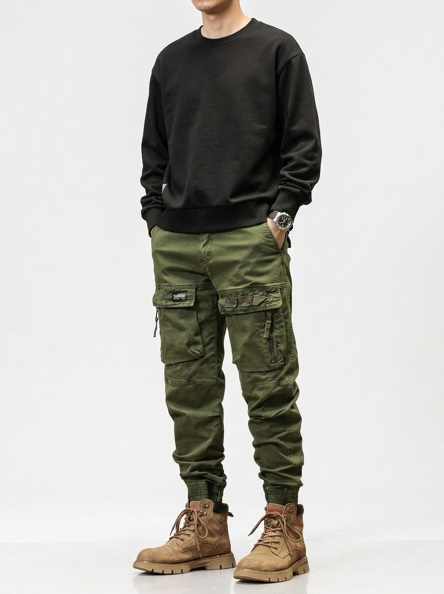 Vintage-Inspired Multi-Pocket Elastic Cuffed Men's Cargo Pants for Casual Sports Wear