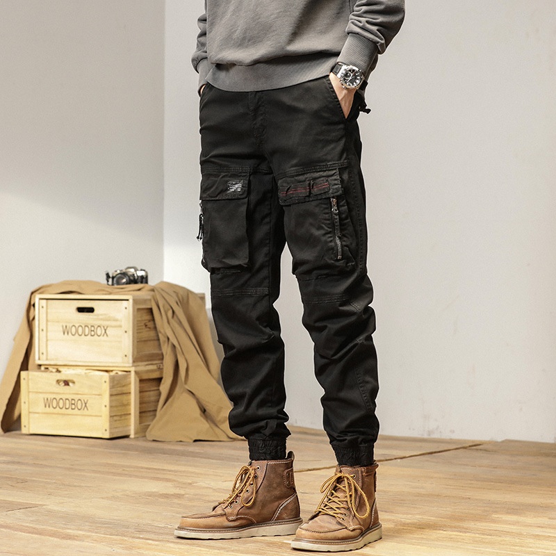 Vintage-Inspired Multi-Pocket Elastic Cuffed Men's Cargo Pants for Casual Sports Wear
