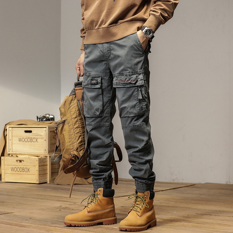 Vintage-Inspired Multi-Pocket Elastic Cuffed Men's Cargo Pants for Casual Sports Wear