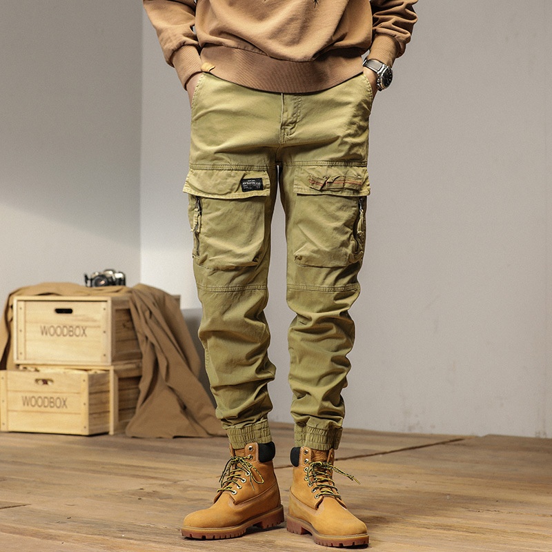 Vintage-Inspired Multi-Pocket Elastic Cuffed Men's Cargo Pants for Casual Sports Wear