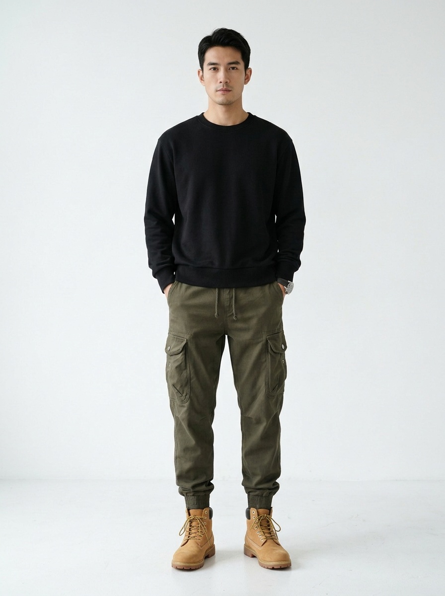 Relaxed Fit Stretch Cuffed Men's 3D Fitting Cargo Pants for Casual Outdoor Wear