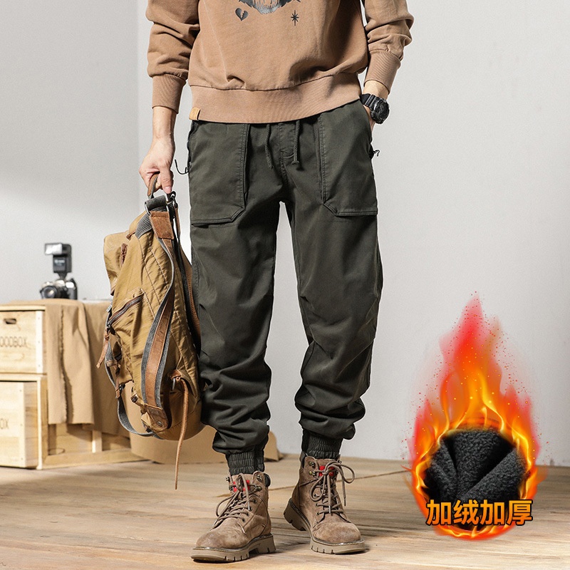 Thickened Fleece-Lined Winter Men's Cargo Pants with Cuffed Hem