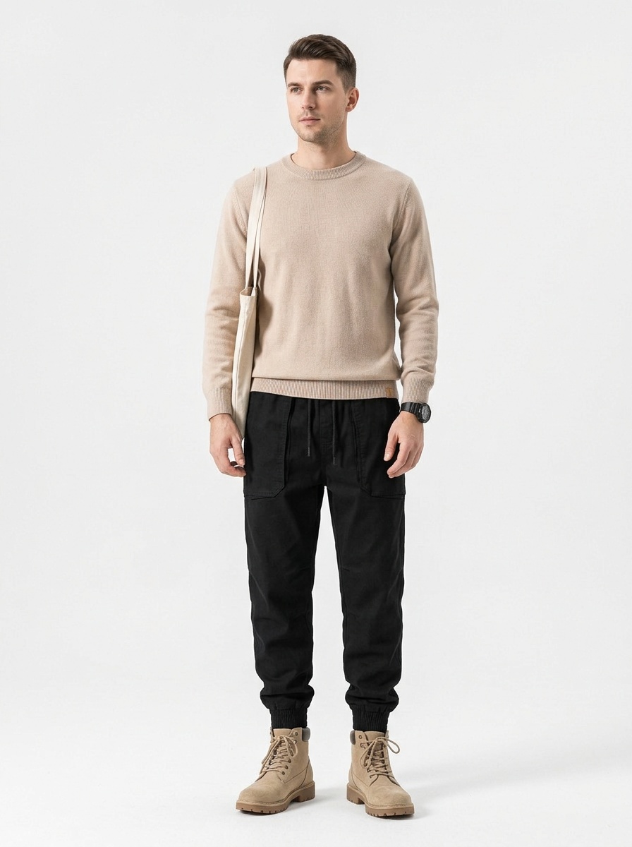 Thickened Fleece-Lined Winter Men's Cargo Pants with Cuffed Hem