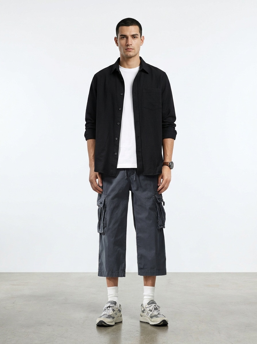 Relaxed Fit Multi-Pocket Functional Men's Cropped Cargo Pants