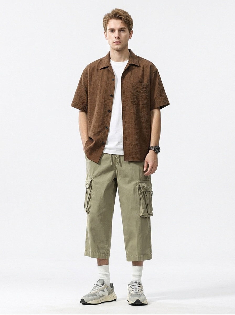 Relaxed Fit Multi-Pocket Functional Men's Cropped Cargo Pants
