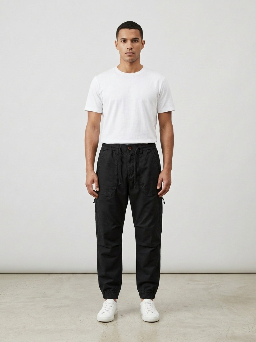 Schmal geschnittene, dehnbare Herren-Cargohose im Vintage-Stil mit Bündchen für die Freizeit