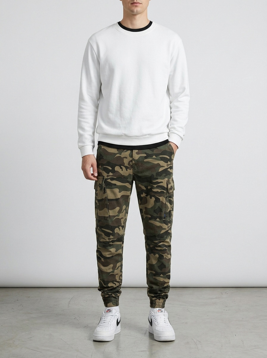 Getailleerde cargobroek met meerdere zakken in camouflageprint voor heren, geschikt voor sportieve vrijetijdskleding.