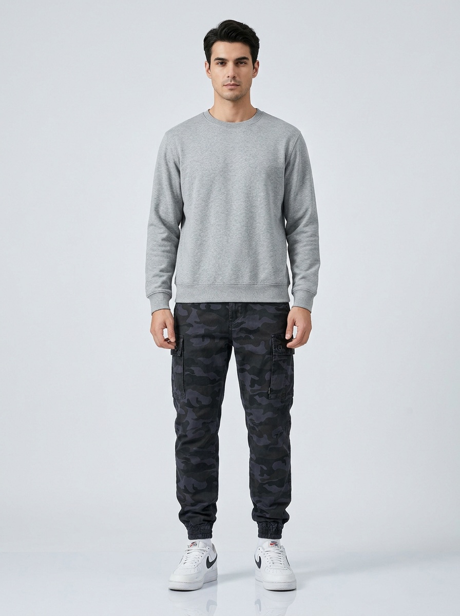 Getailleerde cargobroek met meerdere zakken in camouflageprint voor heren, geschikt voor sportieve vrijetijdskleding.