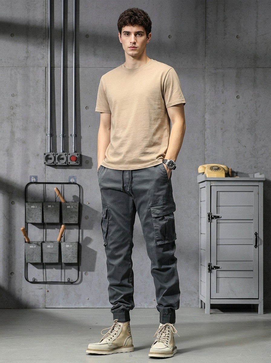 Pantalon cargo fuselé rétro extensible et fonctionnel pour homme, idéal pour les activités de plein air décontractées.