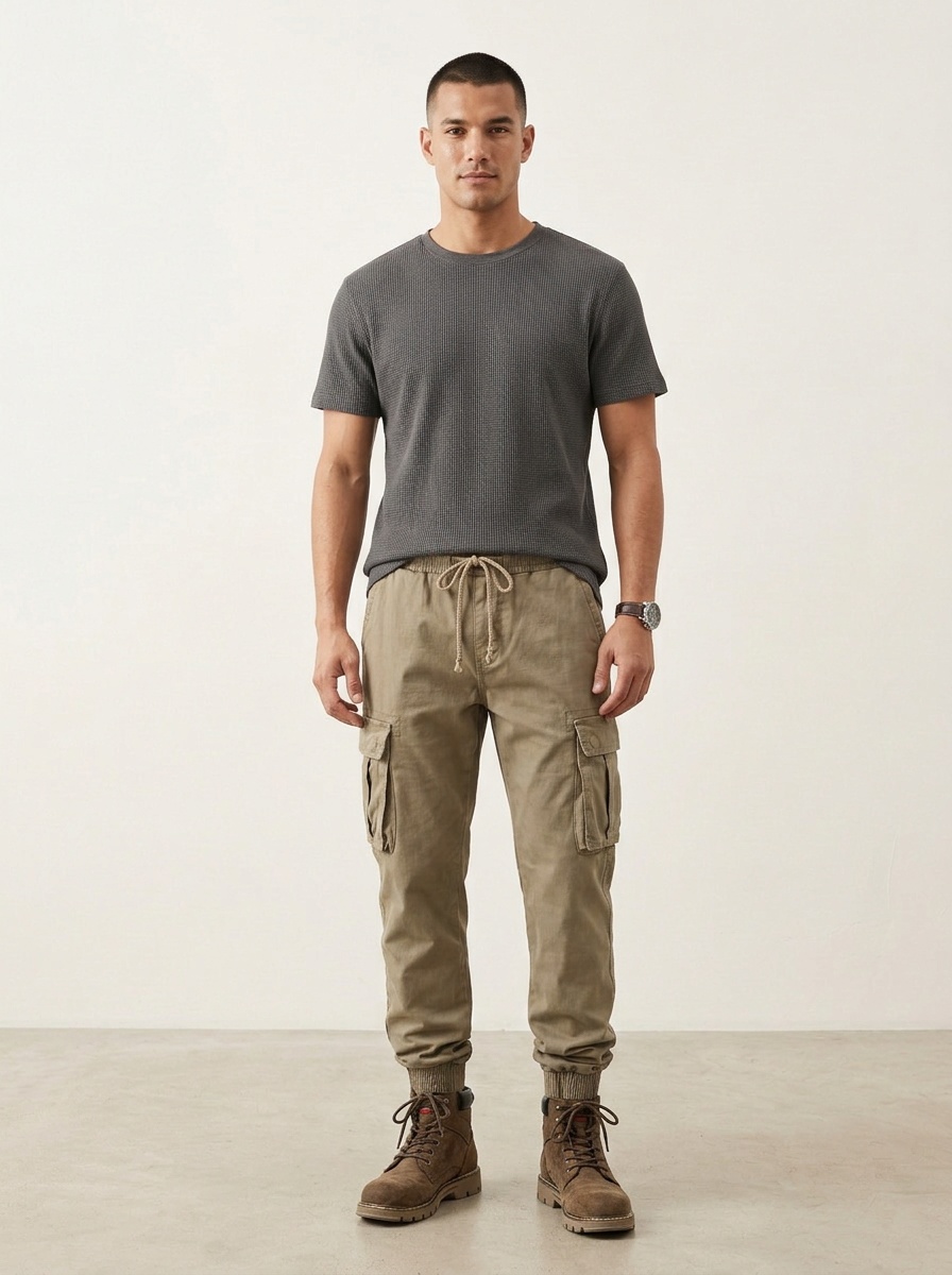 Pantalon cargo fuselé rétro extensible et fonctionnel pour homme, idéal pour les activités de plein air décontractées.