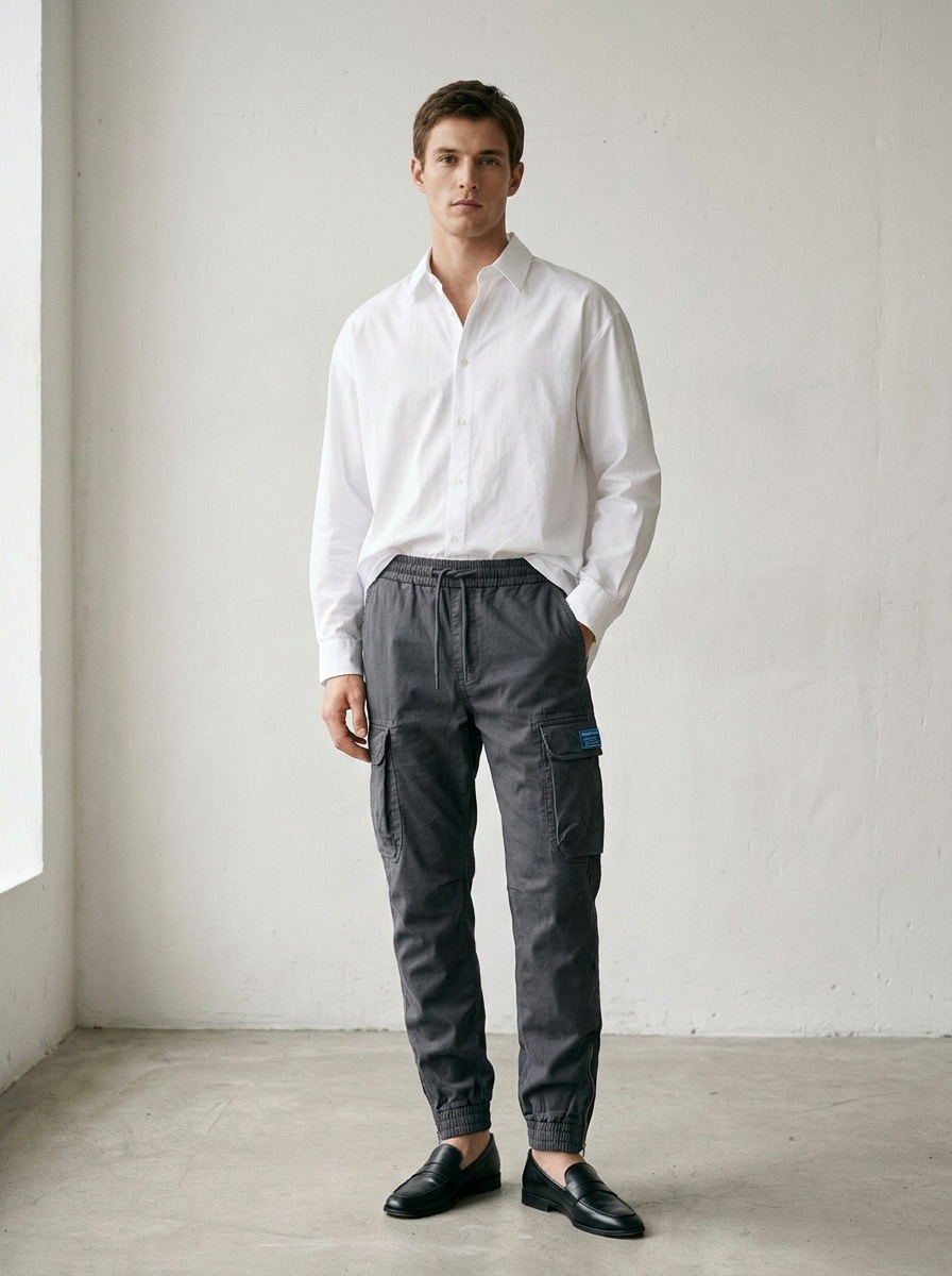 Zippered Multi-Pocket Men's Cargo Pants with Cuffed Hem