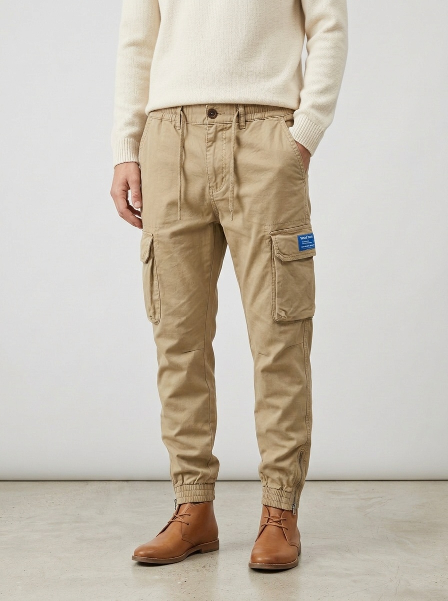 Zippered Multi-Pocket Men's Cargo Pants with Cuffed Hem