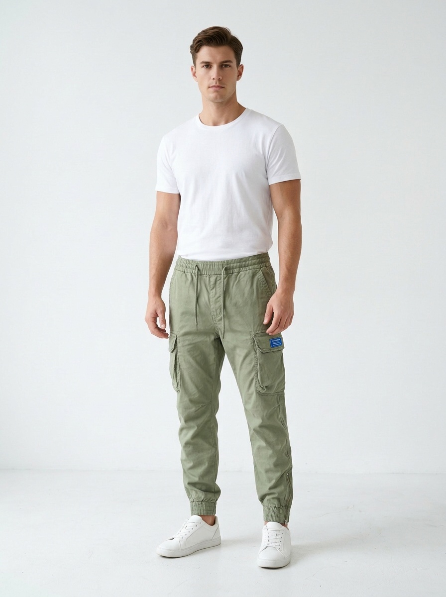 Zippered Multi-Pocket Men's Cargo Pants with Cuffed Hem