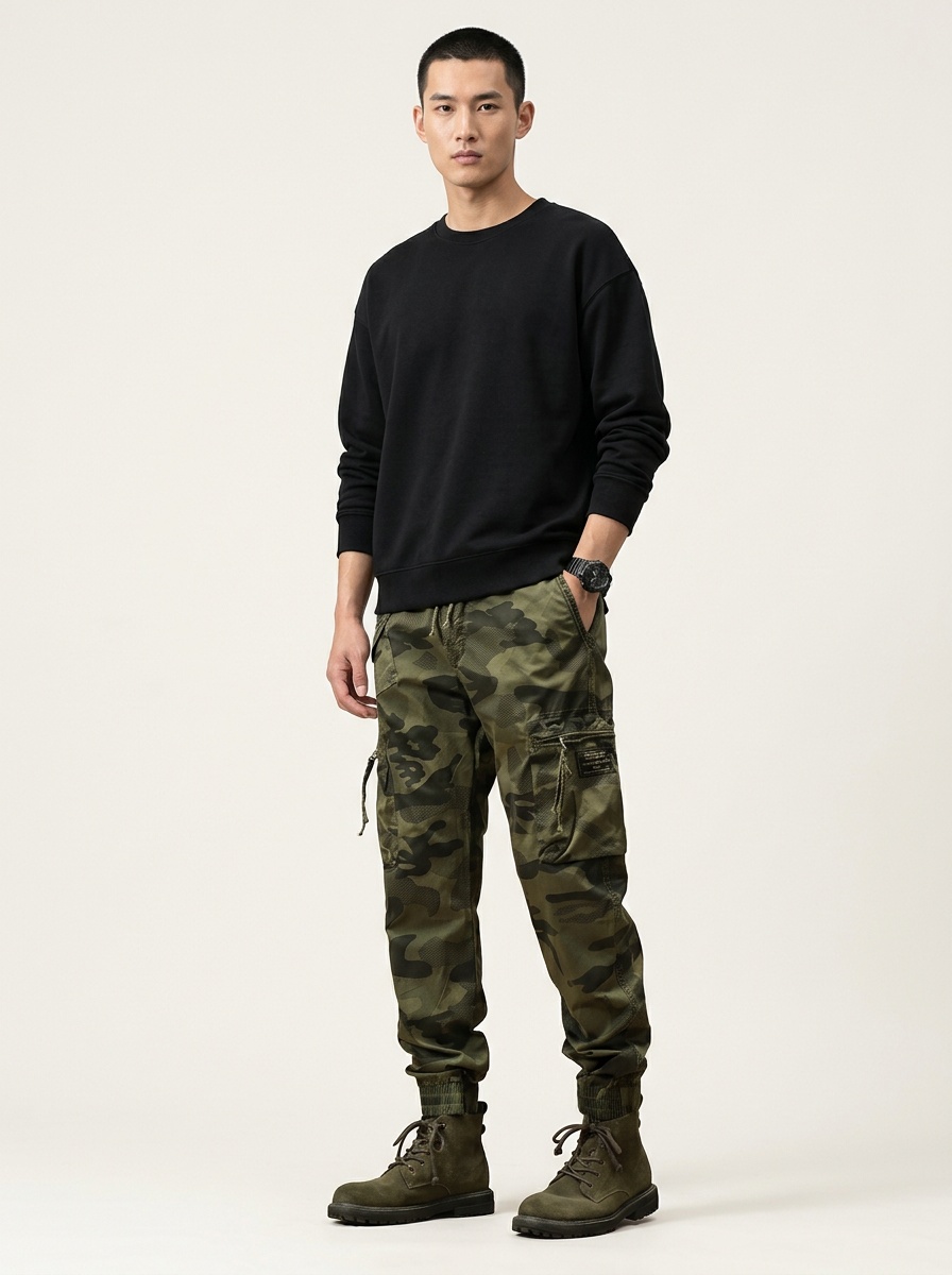 Tapered Stretch Camouflage Men's Cargo Pants for Outdoor Athletic Wear
