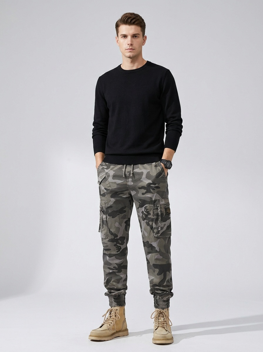 Tapered Stretch Camouflage Men's Cargo Pants for Outdoor Athletic Wear