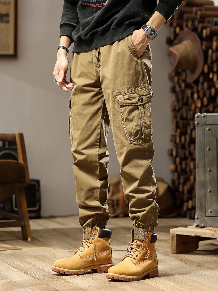 Loose Fit Multi-Pocket Men's Cargo Pants with Cuffed Ankle for Outdoor Streetwear