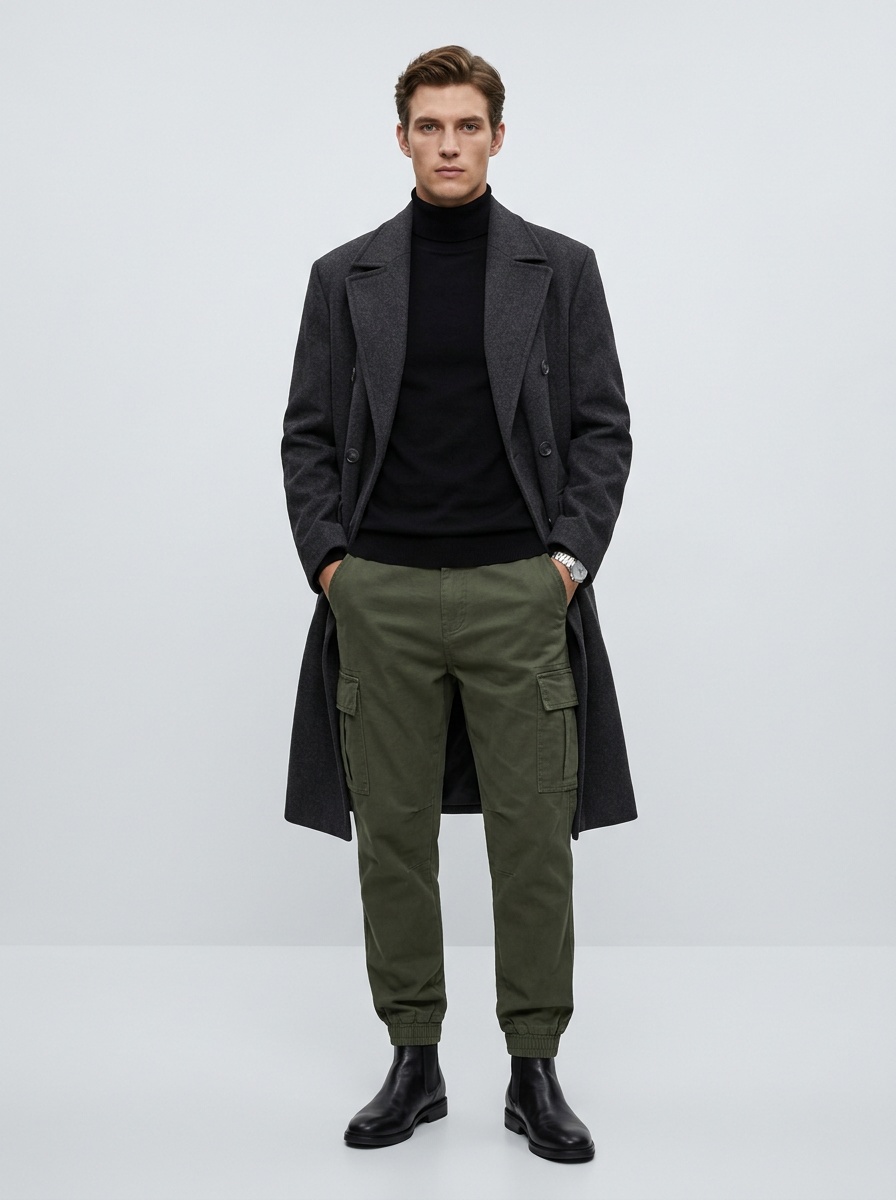 Fleece-Lined Tapered Men's Cargo Pants for Casual Outdoor Winter Wear