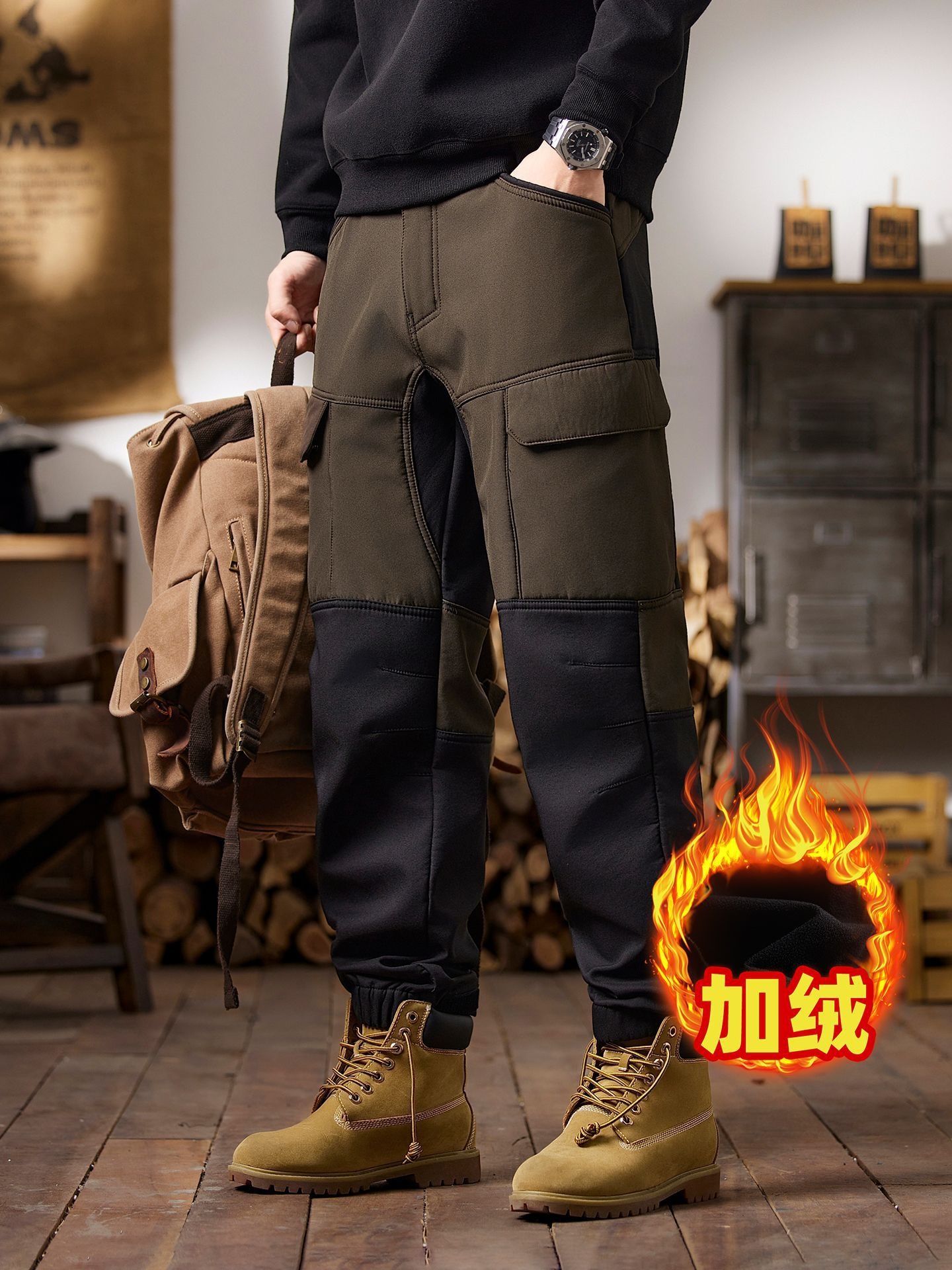 Straight Fit Relaxed Vintage Style Men's Cargo Pants With Inner Fleece for Winter and Early Spring