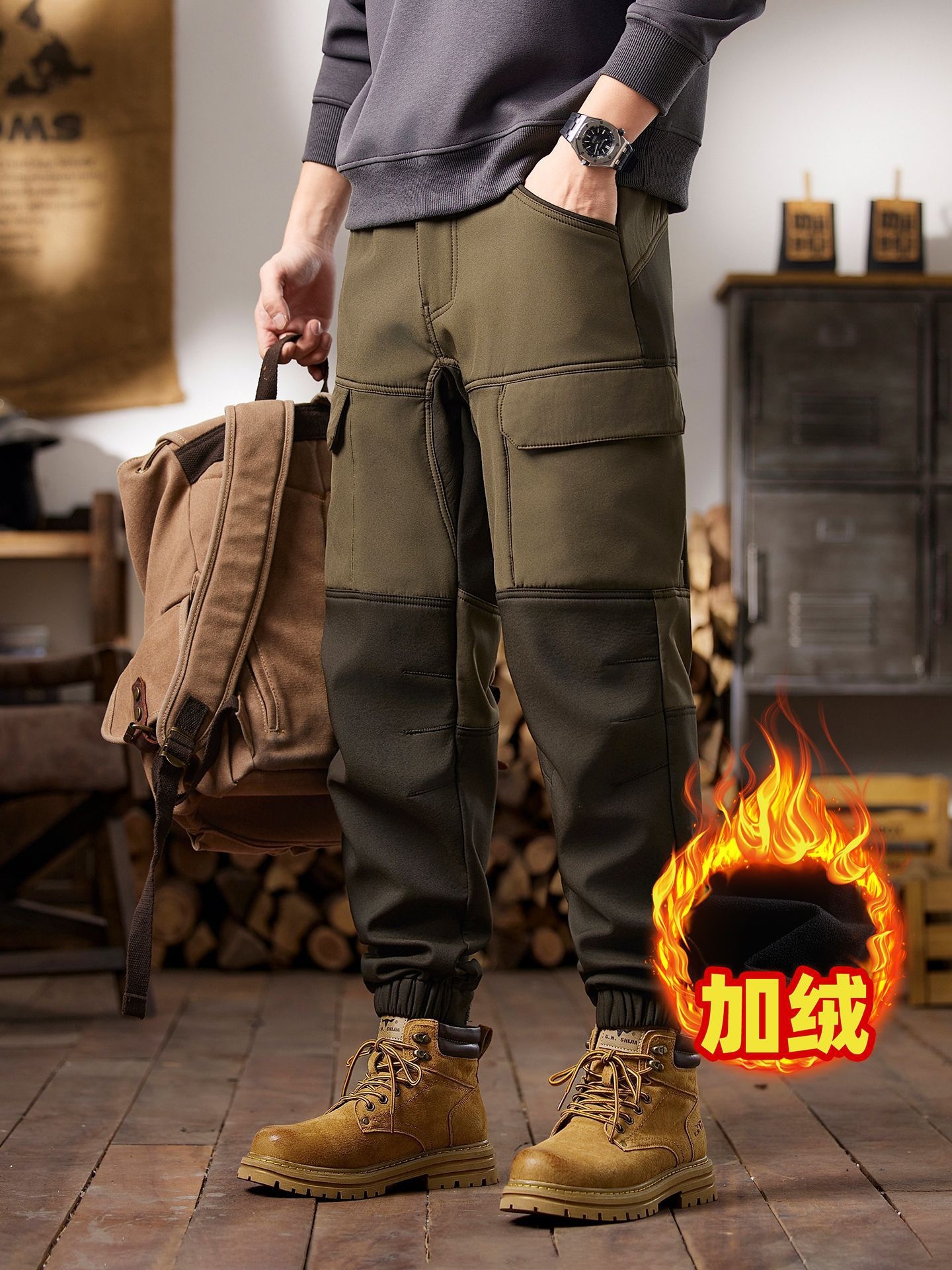 Straight Fit Relaxed Vintage Style Men's Cargo Pants With Inner Fleece for Winter and Early Spring