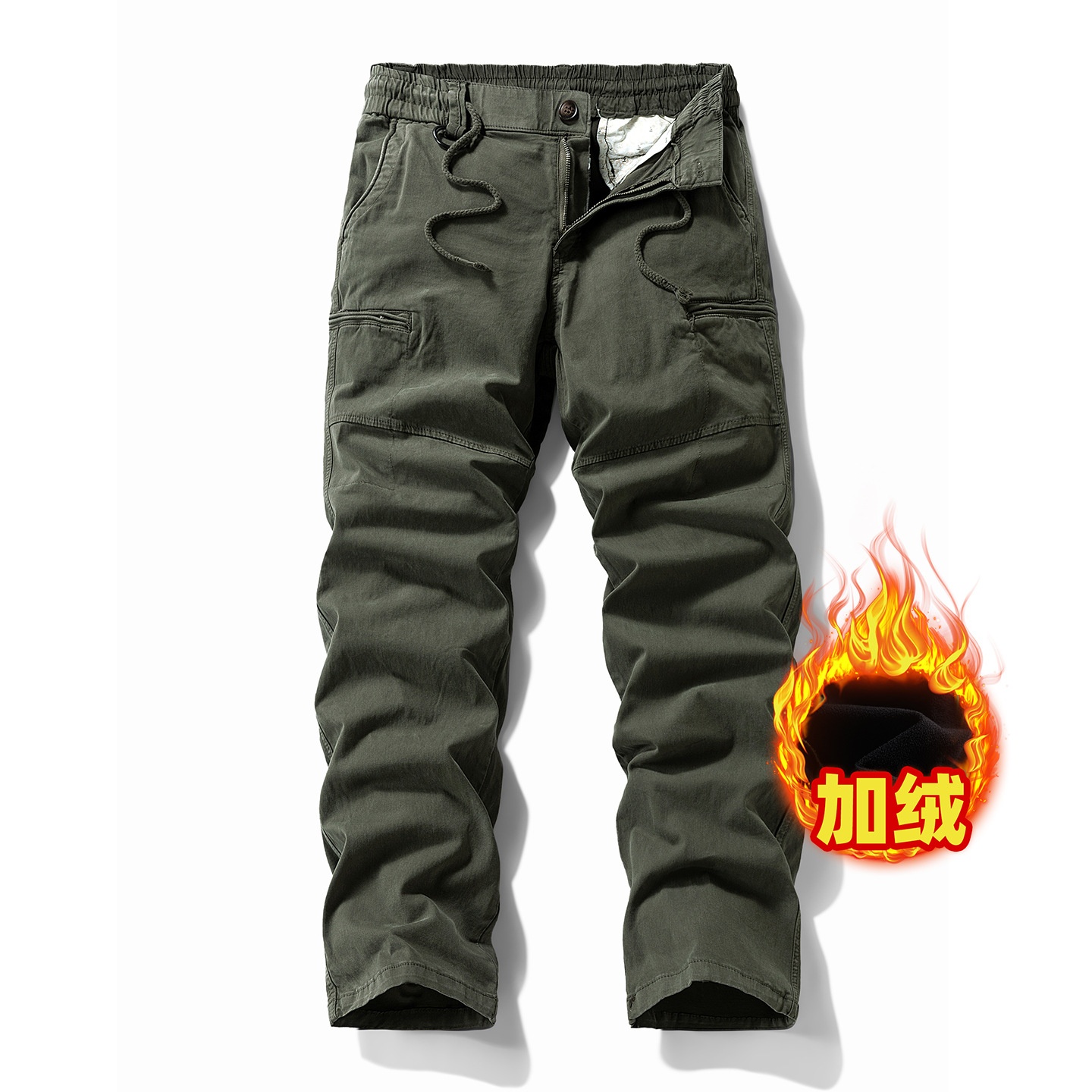 Vintage Fleece-Lined Multi-Pocket Men's Cargo Pants for Casual Winter Wear