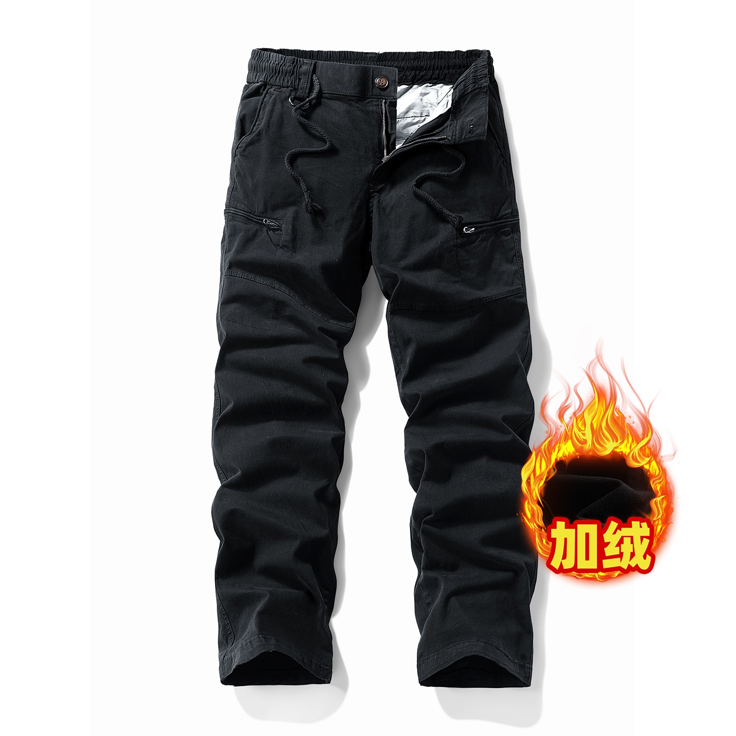 Vintage Fleece-Lined Multi-Pocket Men's Cargo Pants for Casual Winter Wear