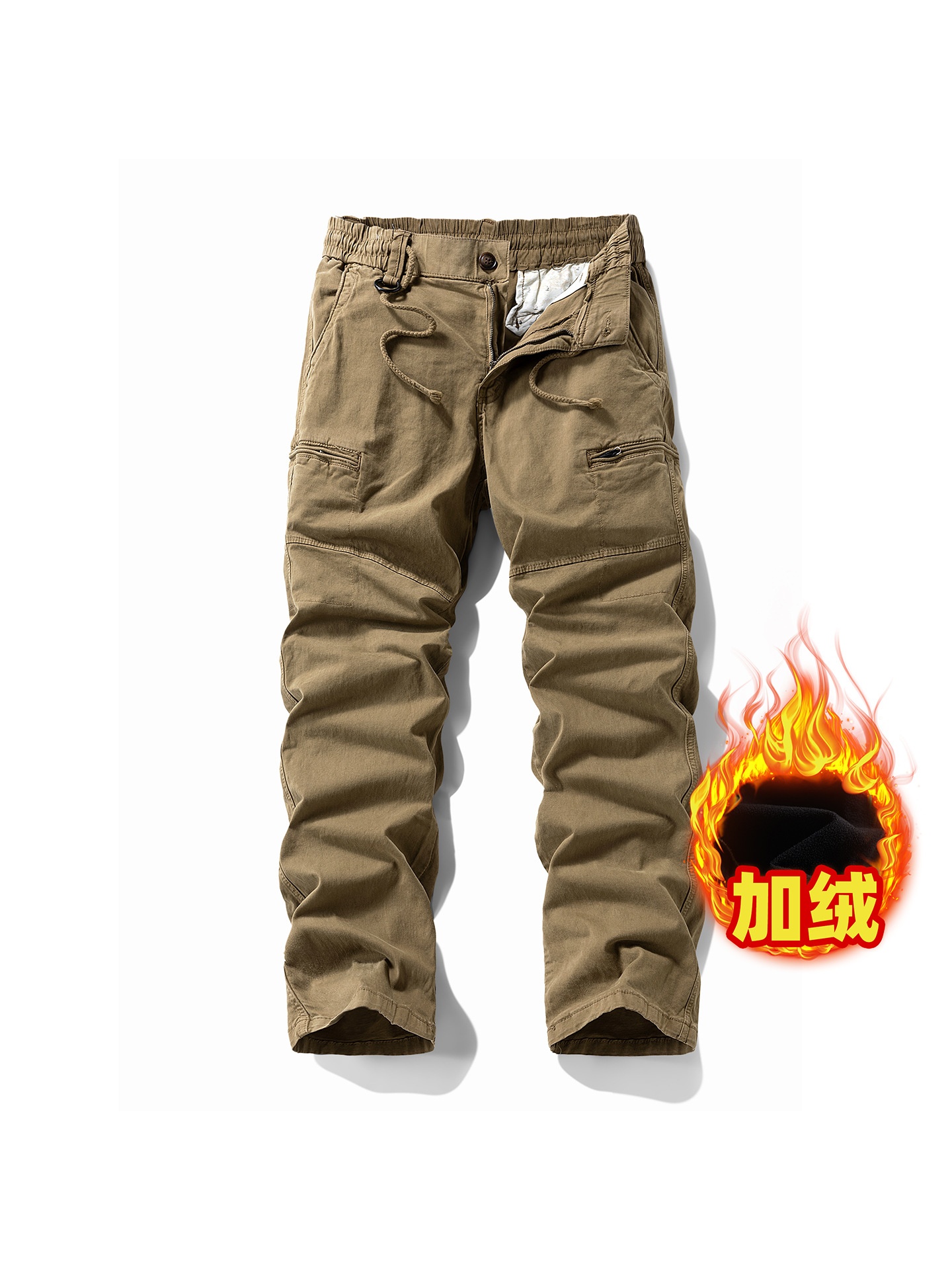 Vintage Fleece-Lined Multi-Pocket Men's Cargo Pants for Casual Winter Wear