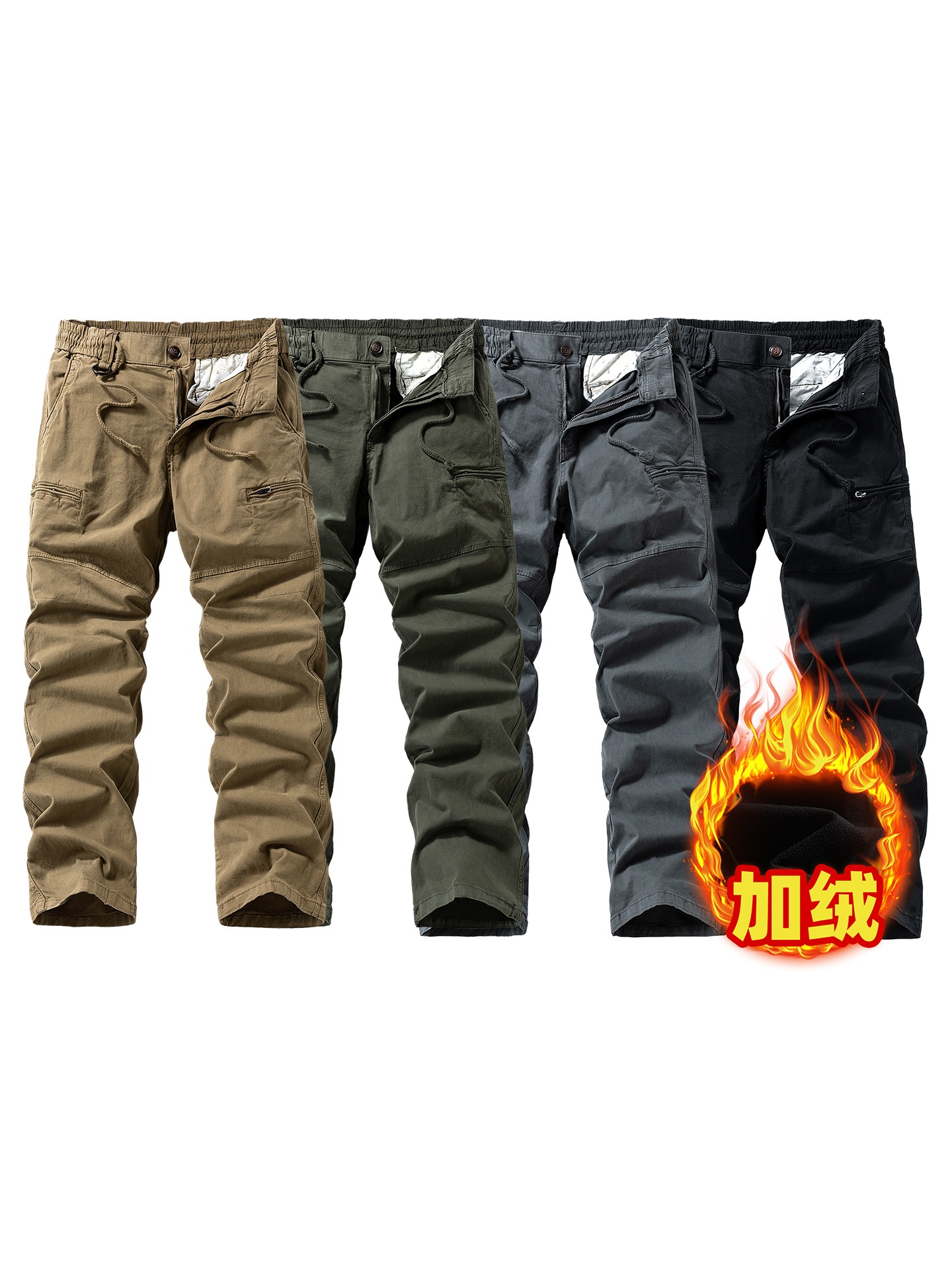 Vintage Fleece-Lined Multi-Pocket Men's Cargo Pants for Casual Winter Wear
