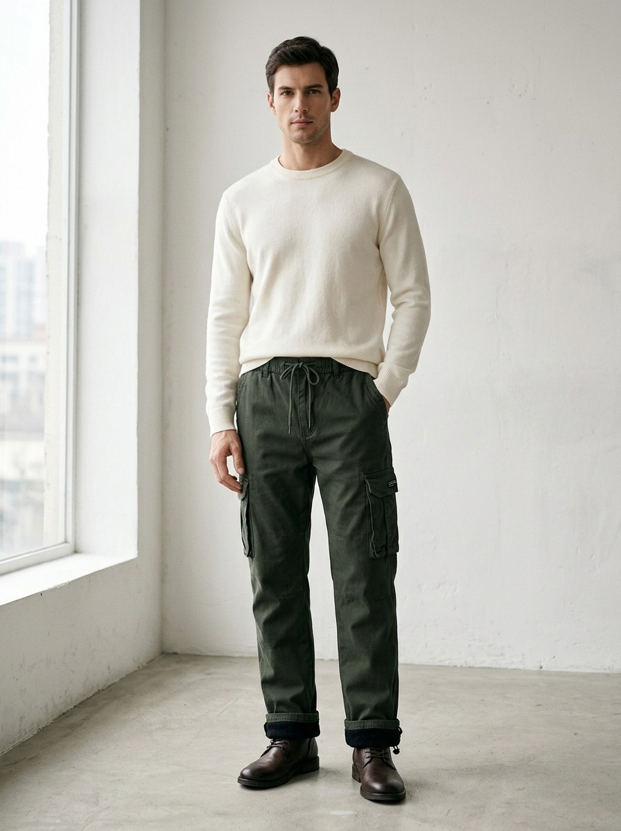 Fleece-Lined Vintage Multi-Pocket Men's Cargo Pants for Winter Casual Wear