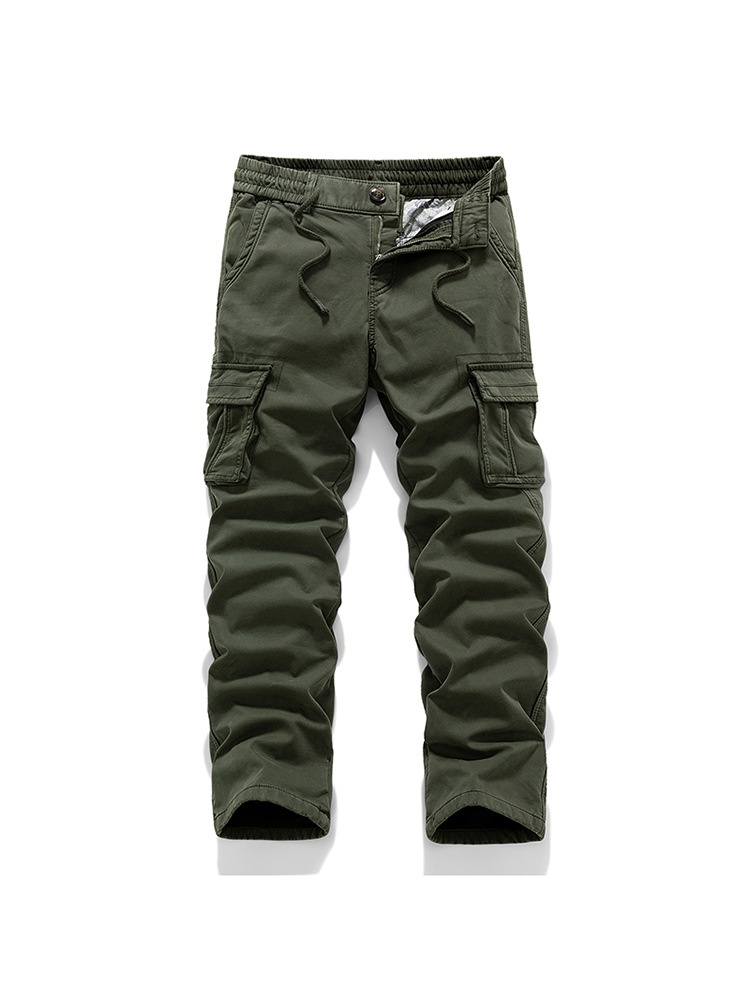 Vintage Straight Fit Wide Leg Multi-Pocket Men's Cargo Pants With Inner Fleece for Winter Casual Wear