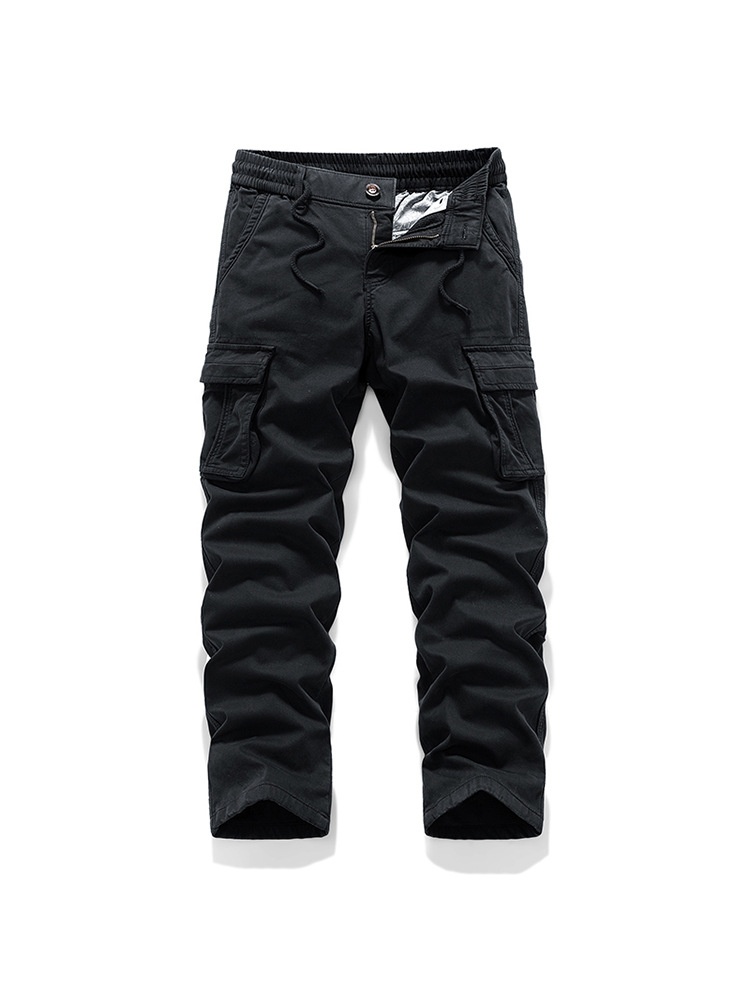 Vintage Straight Fit Wide Leg Multi-Pocket Men's Cargo Pants With Inner Fleece for Winter Casual Wear