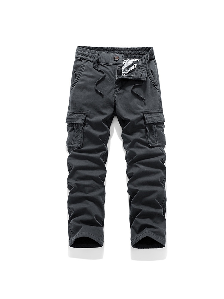 Vintage Straight Fit Wide Leg Multi-Pocket Men's Cargo Pants With Inner Fleece for Winter Casual Wear