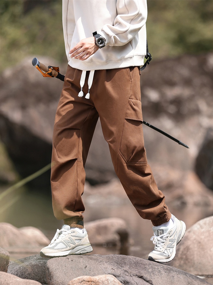 Vintage Cuffed Multi-Pocket Men's Cargo Pants with Fleece Lining for Winter Outdoor Wear