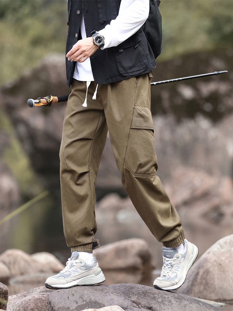 Vintage Cuffed Multi-Pocket Men's Cargo Pants with Fleece Lining for Winter Outdoor Wear