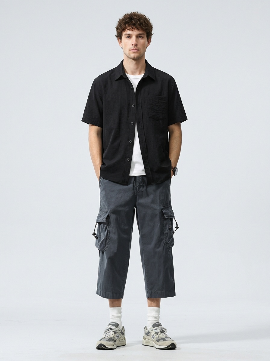 Straight Leg Loose Fit Cropped Men's Cargo Pants for Casual Athletic Wear