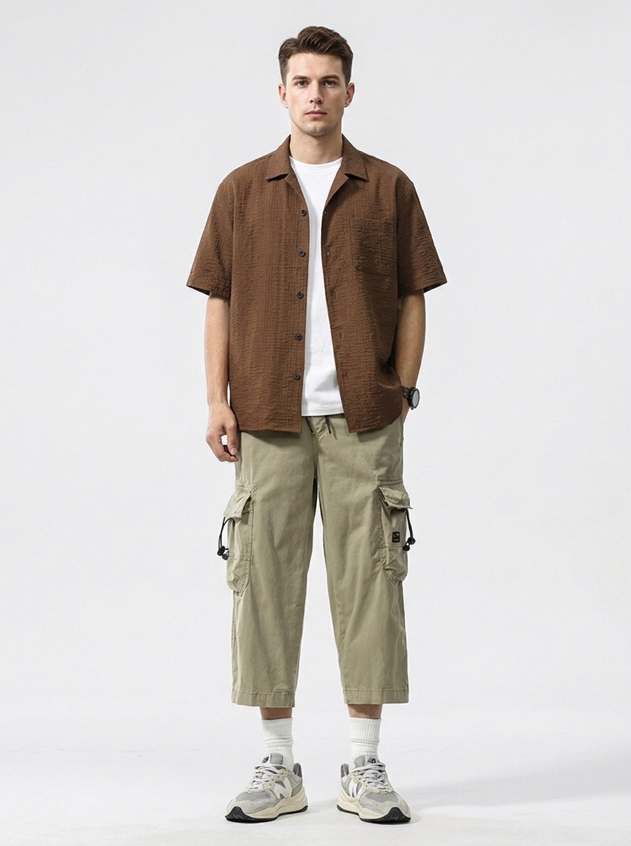 Straight Leg Loose Fit Cropped Men's Cargo Pants for Casual Athletic Wear