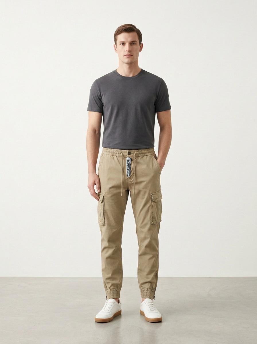 Zipper Detail Vintage Cuffed Men's Cargo Pants for Casual Travel Wear