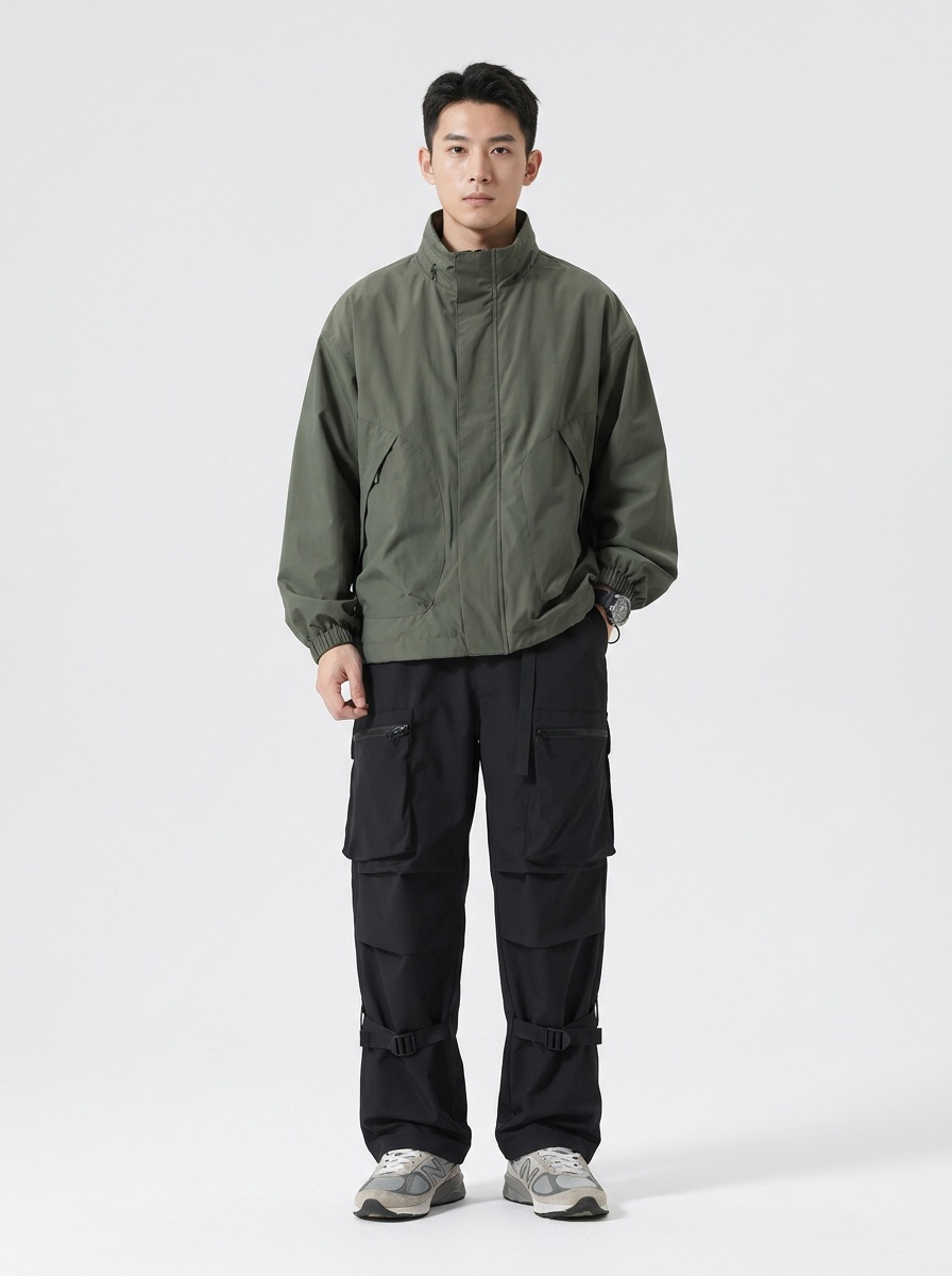Pleated Detail Wide-Leg Breathable Men's Cargo Pants for Casual Techwear