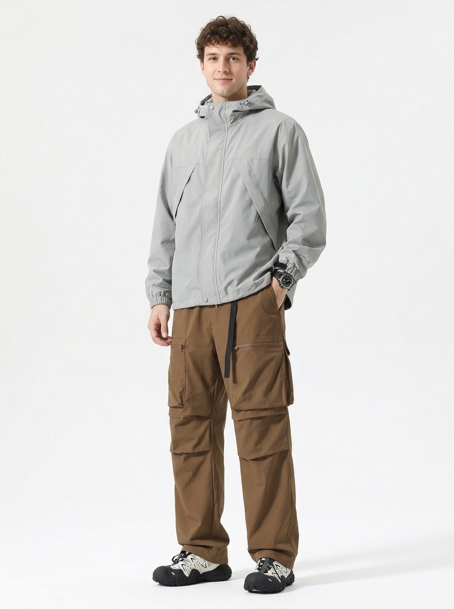 Pleated Detail Wide-Leg Breathable Men's Cargo Pants for Casual Techwear