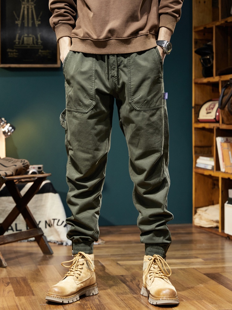 Vintage Fleece-Lined Large Pocket Stretch Men's Cargo Pants for Winter Casual Wear