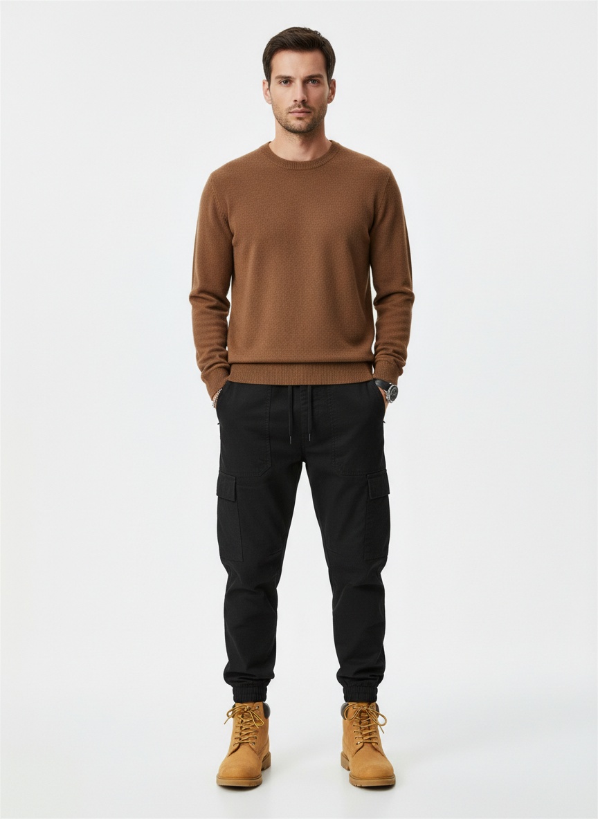 Vintage Fleece-Lined Large Pocket Stretch Men's Cargo Pants for Winter Casual Wear