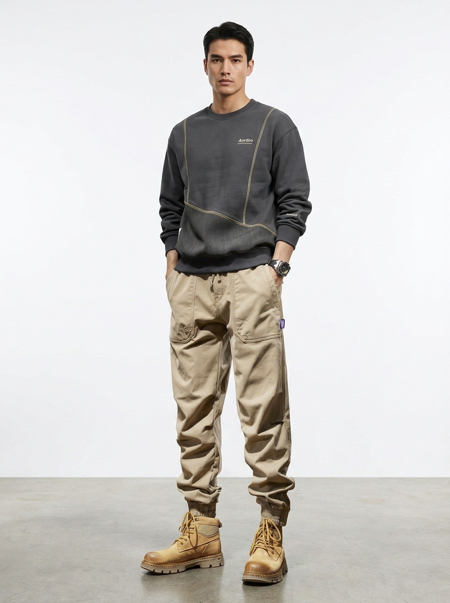 Vintage Fleece-Lined Large Pocket Stretch Men's Cargo Pants for Winter Casual Wear