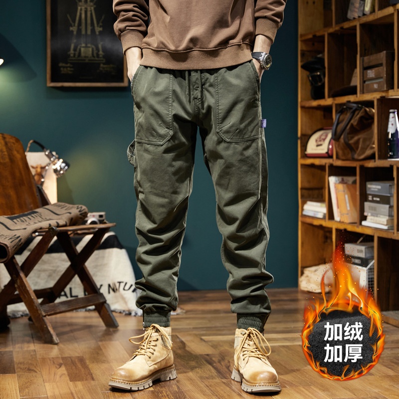 Vintage Fleece-Lined Large Pocket Stretch Men's Cargo Pants for Winter Casual Wear