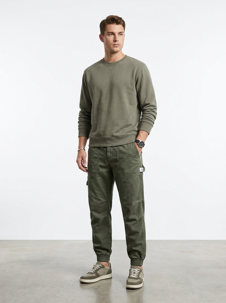 Vintage Fleece-Lined Large Pocket Stretch Men's Cargo Pants for Winter Casual Wear