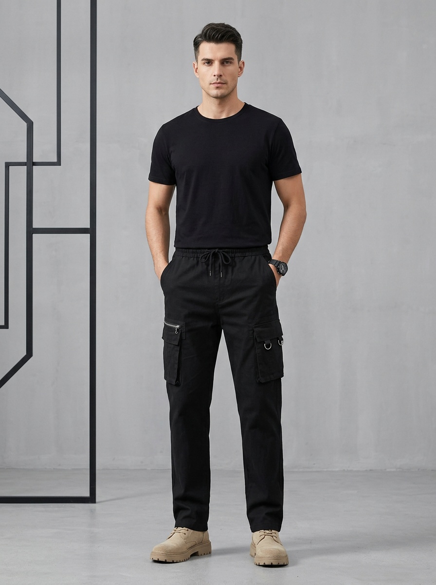 Straight Leg Stretch Multi-Pocket Men's Cargo Pants with Zipper Detail for Casual Wear