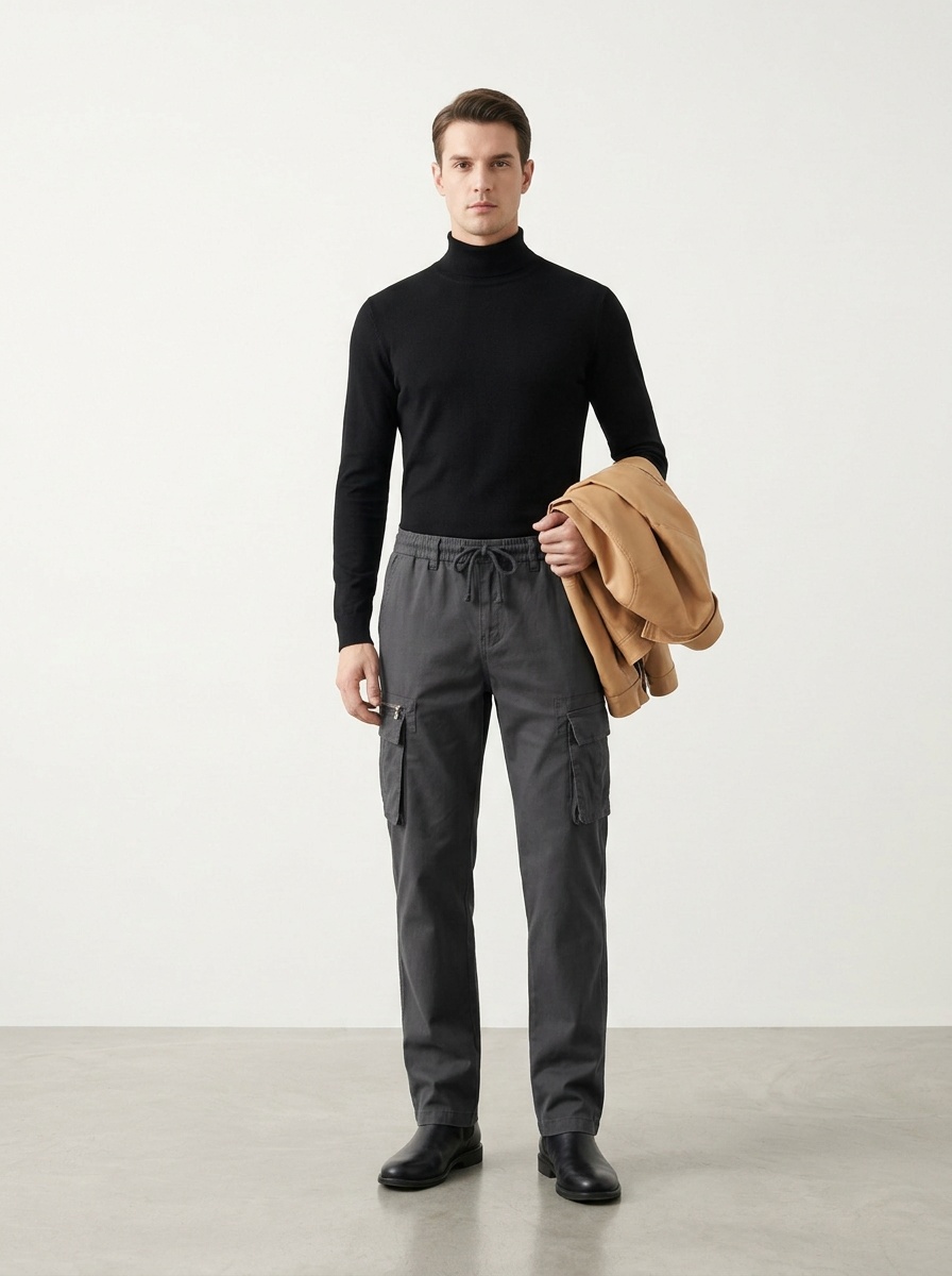 Straight Leg Stretch Multi-Pocket Men's Cargo Pants with Zipper Detail for Casual Wear