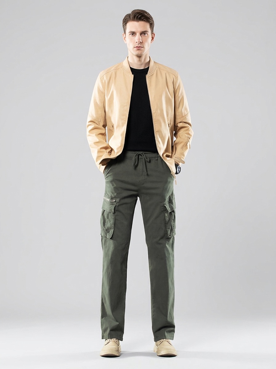 Straight Leg Stretch Multi-Pocket Men's Cargo Pants with Zipper Detail for Casual Wear